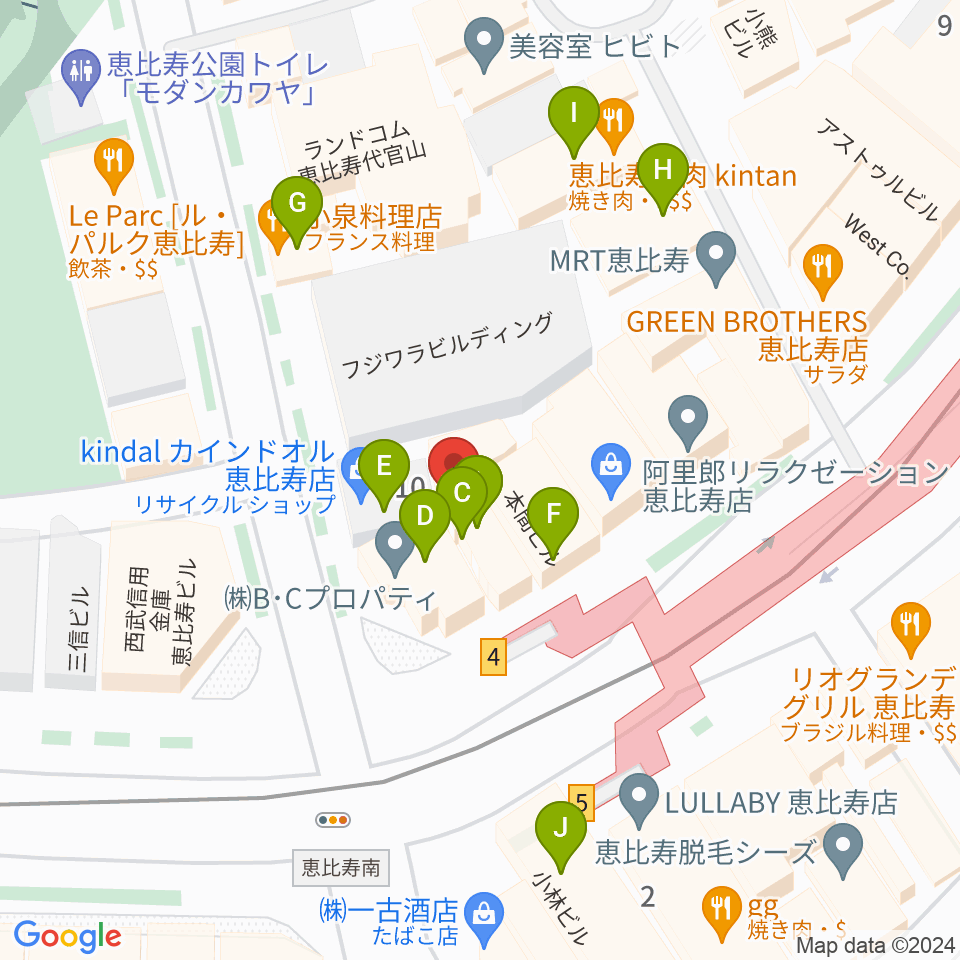 ドルフィンギターズ恵比寿店周辺のファミレス・ファーストフード一覧地図