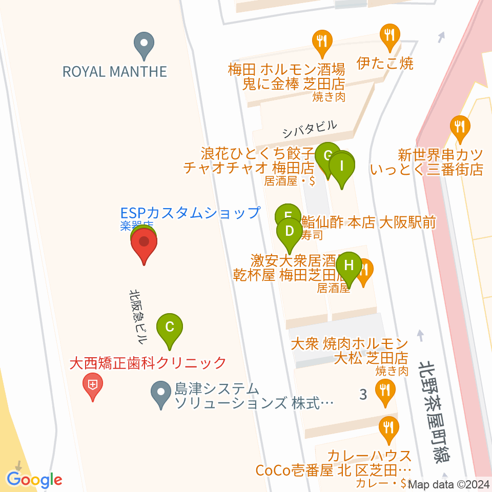 ミュージックアベニュー梅田周辺のファミレス・ファーストフード一覧地図