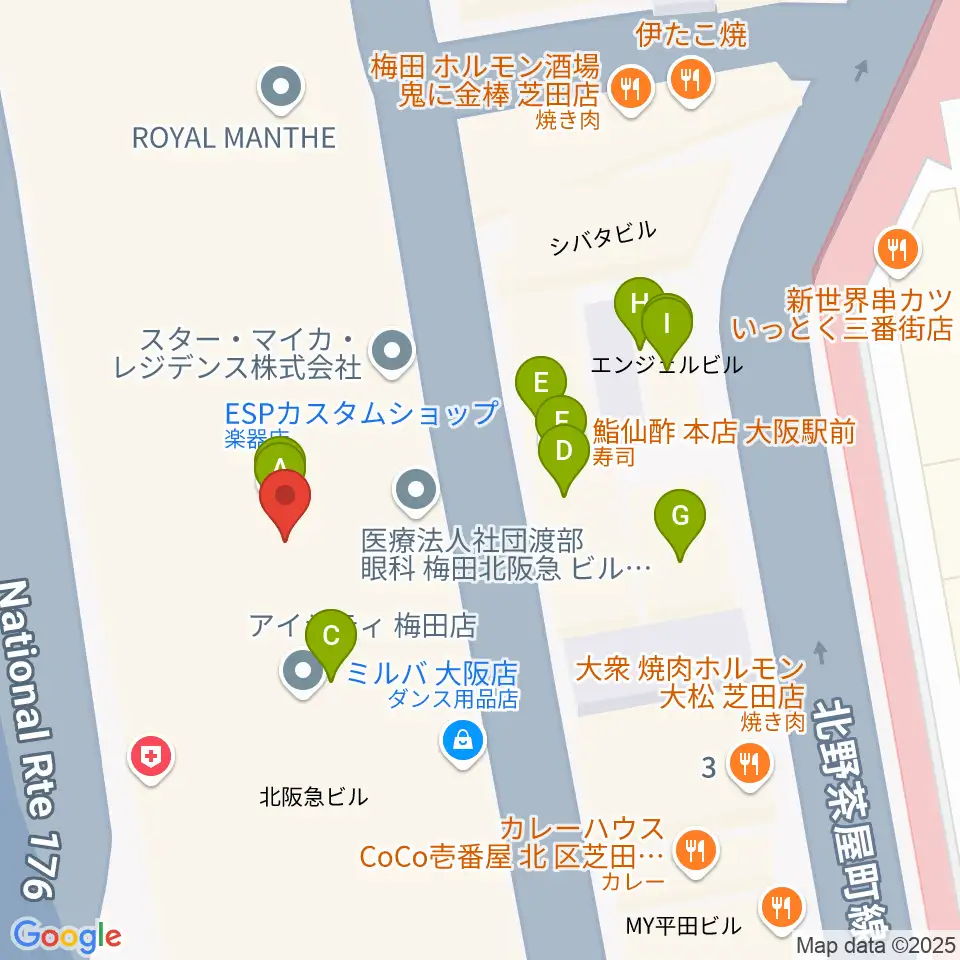 ミュージックアベニュー梅田周辺のファミレス・ファーストフード一覧地図