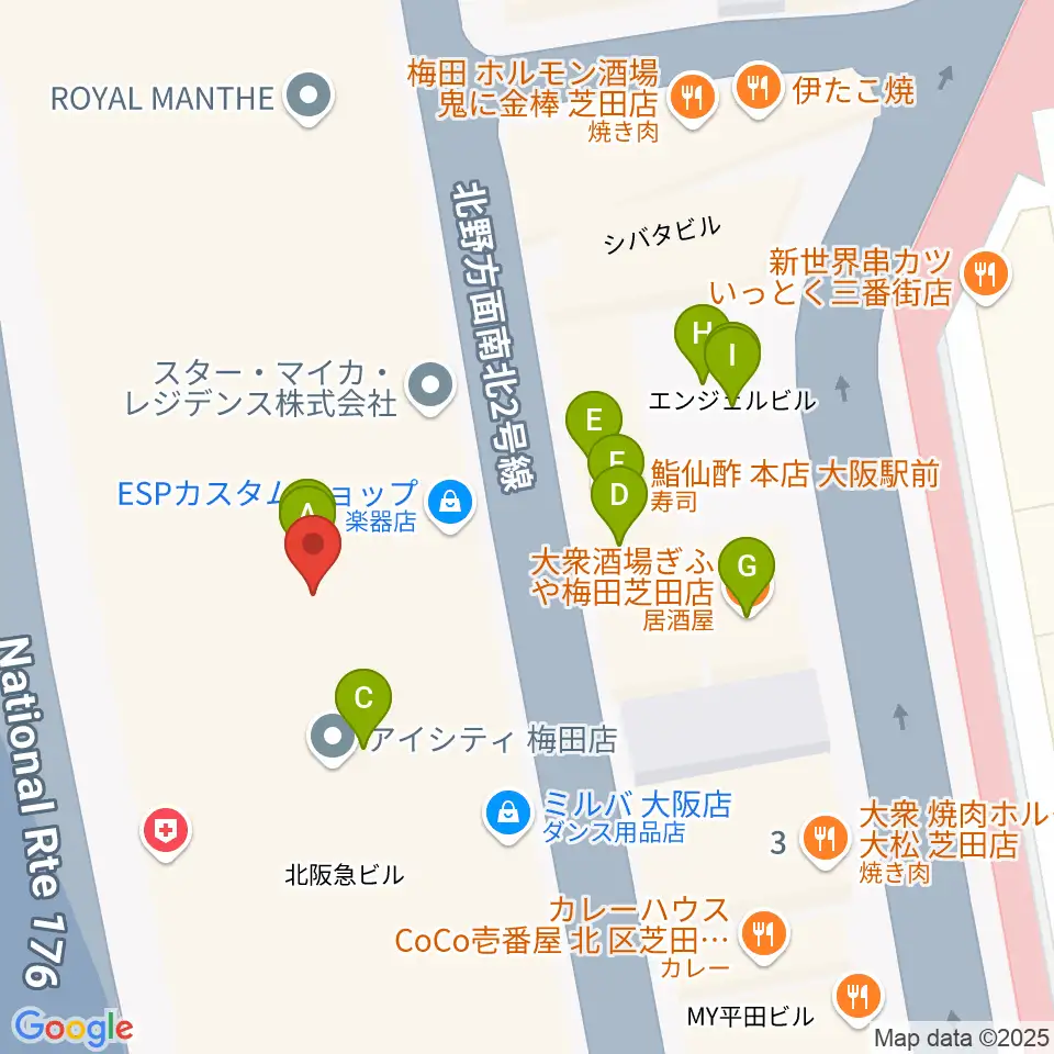 ミュージックアベニュー梅田周辺のファミレス・ファーストフード一覧地図
