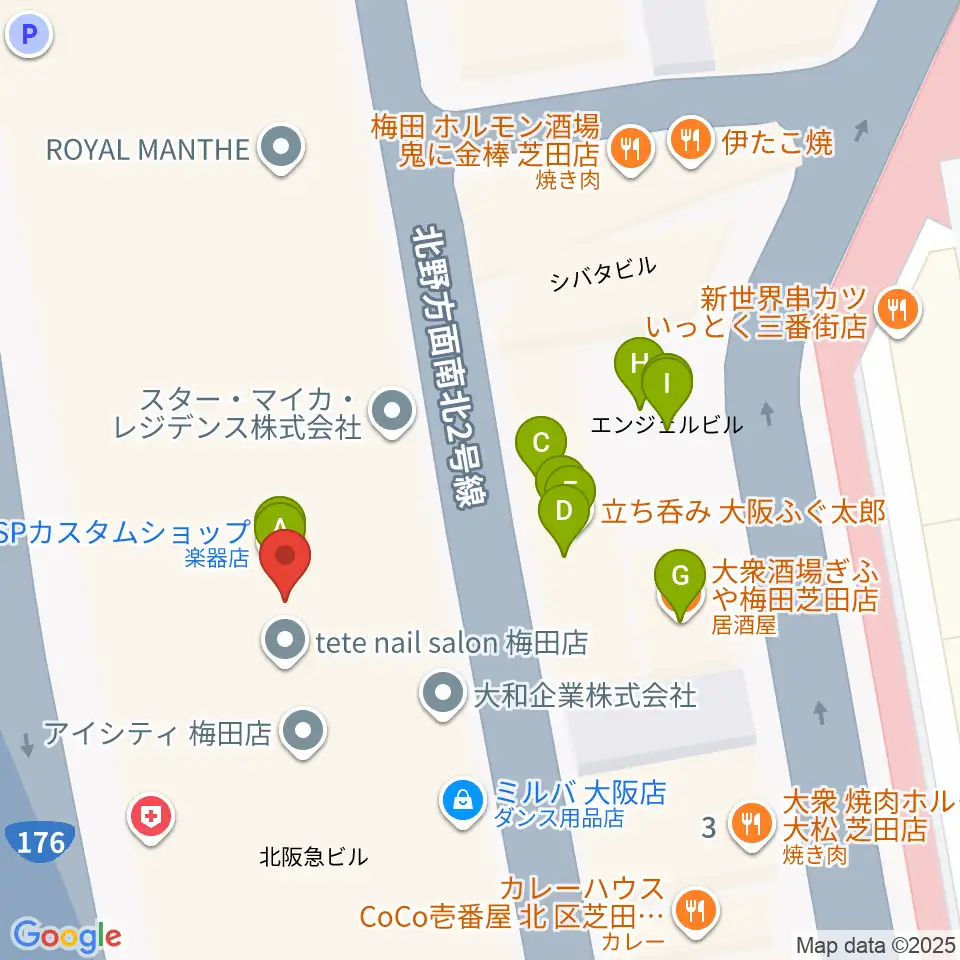 ミュージックアベニュー梅田周辺のファミレス・ファーストフード一覧地図