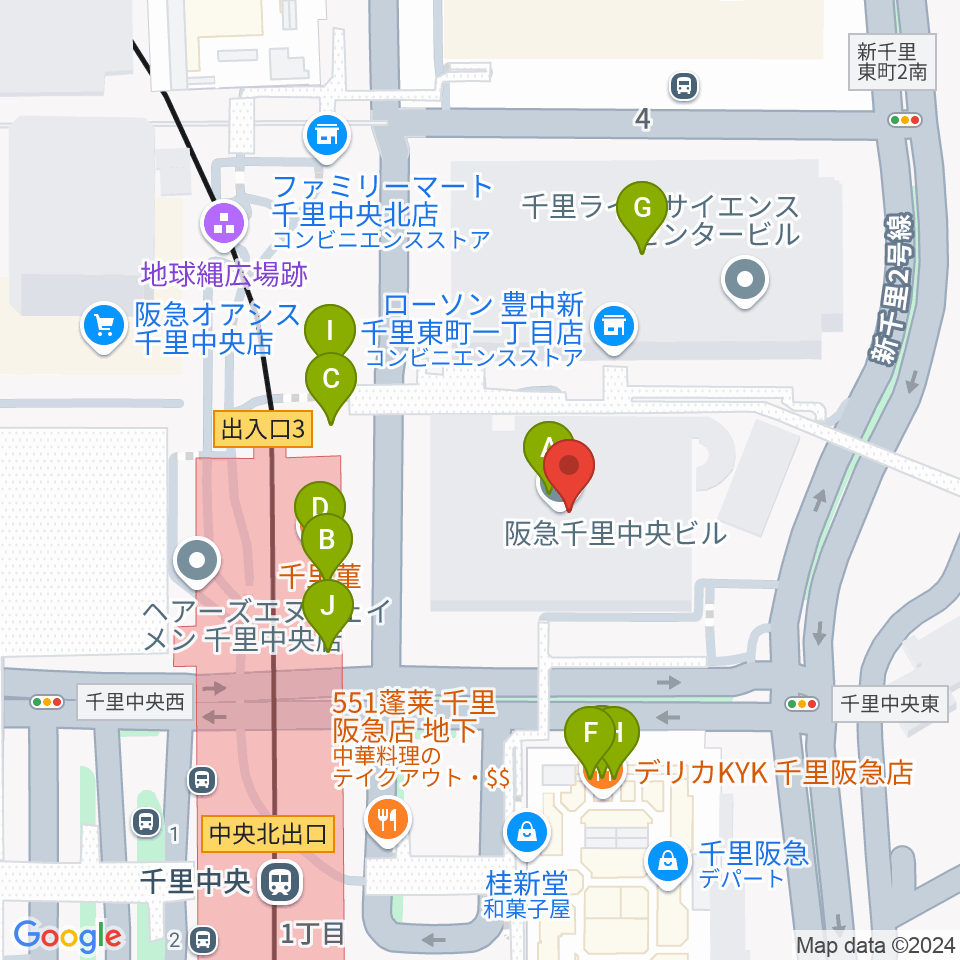 千里中央センター ヤマハミュージック周辺のファミレス・ファーストフード一覧地図