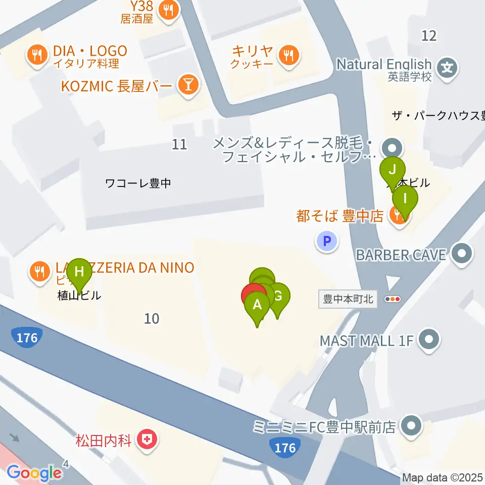 アミューズ豊中 ヤマハミュージック周辺のファミレス・ファーストフード一覧地図
