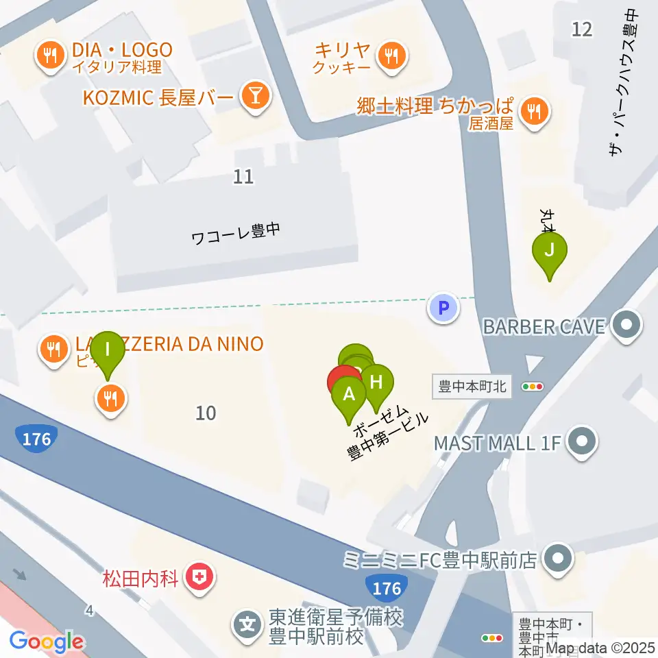 アミューズ豊中 ヤマハミュージック周辺のファミレス・ファーストフード一覧地図