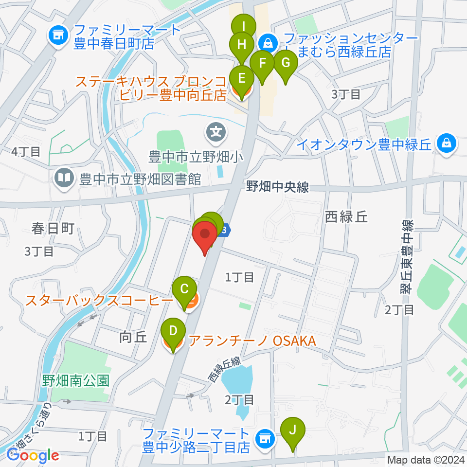 緑丘センター ヤマハミュージック周辺のファミレス・ファーストフード一覧地図