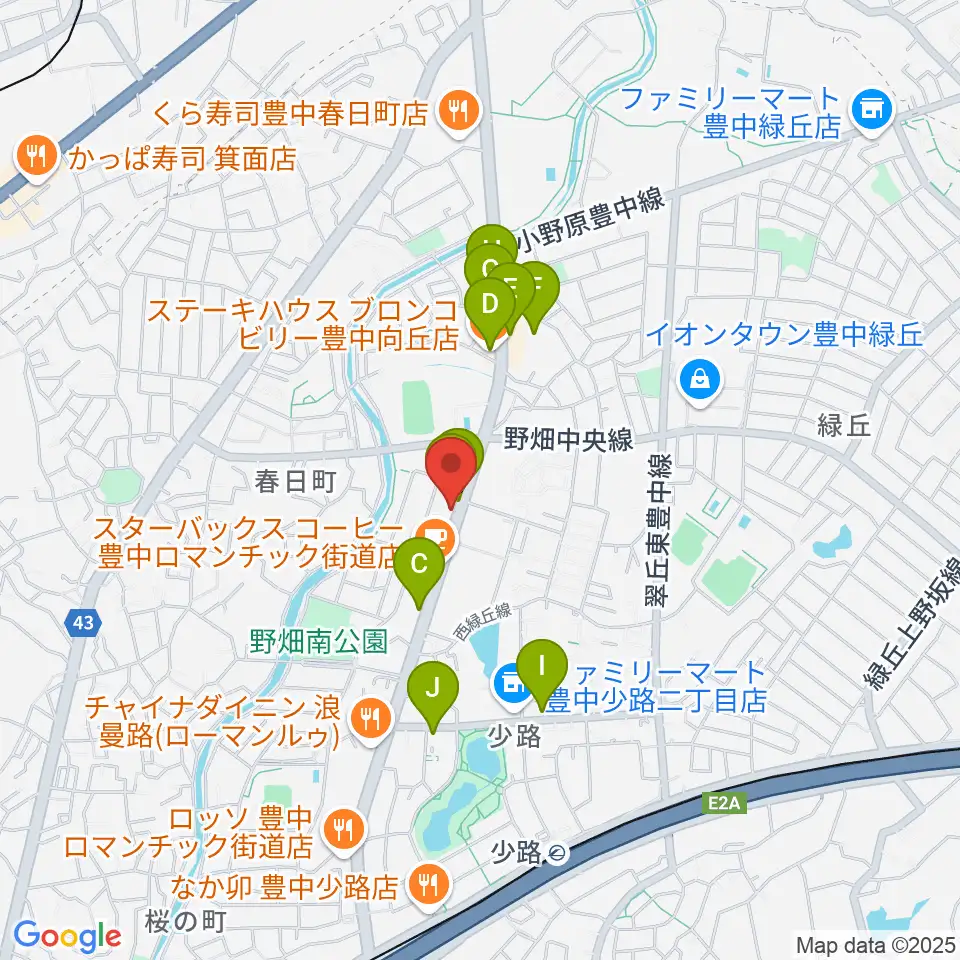 緑丘センター ヤマハミュージック周辺のファミレス・ファーストフード一覧地図