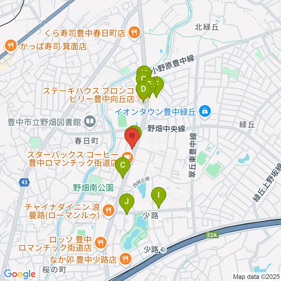 緑丘センター ヤマハミュージック周辺のファミレス・ファーストフード一覧地図