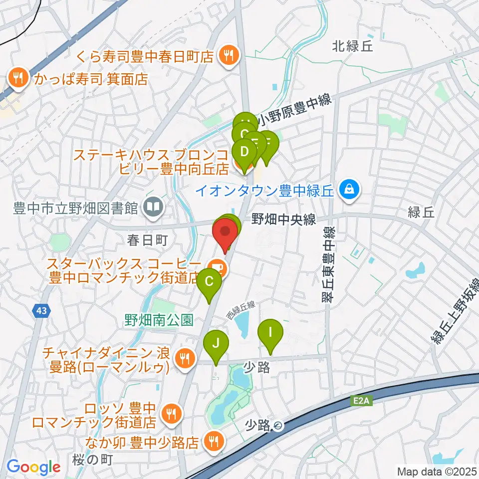 緑丘センター ヤマハミュージック周辺のファミレス・ファーストフード一覧地図