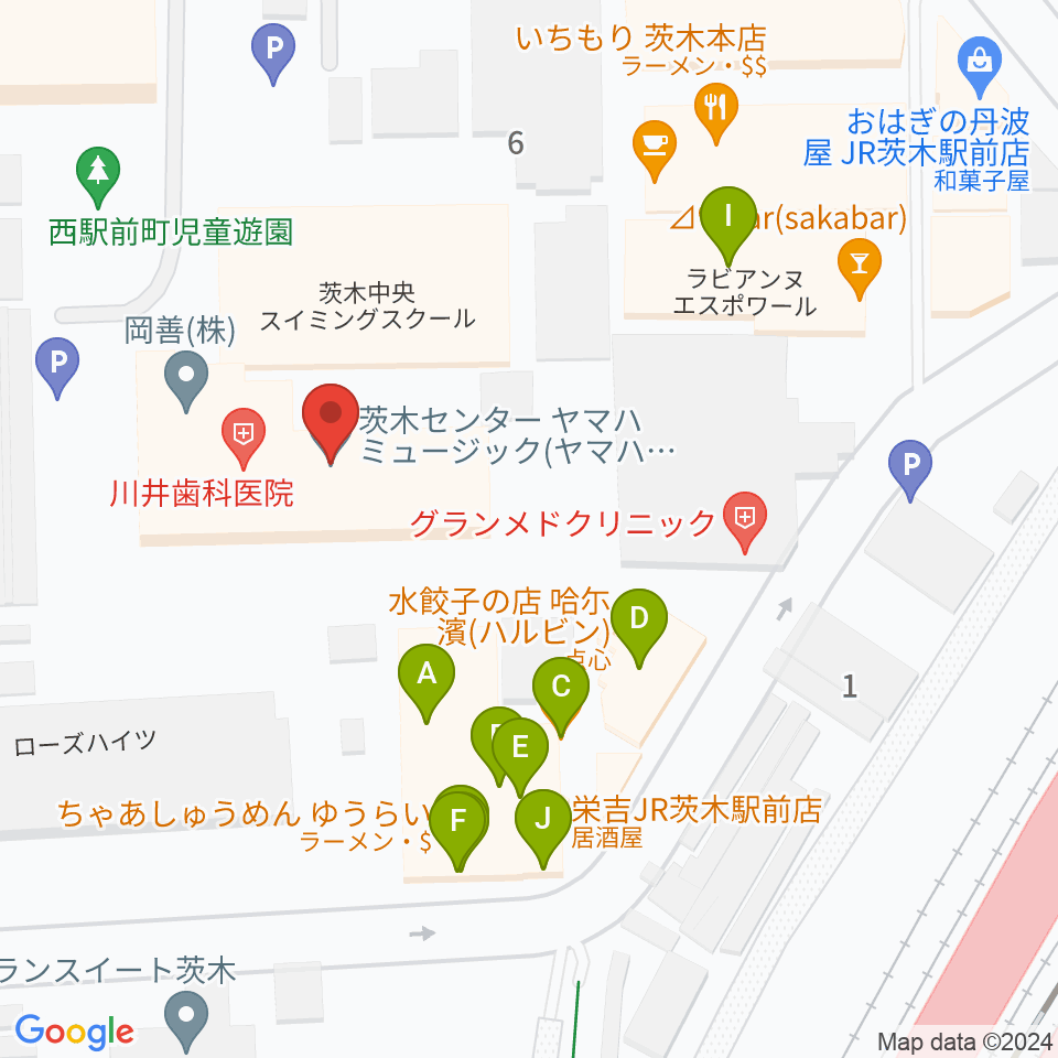 茨木センター ヤマハミュージック周辺のファミレス・ファーストフード一覧地図