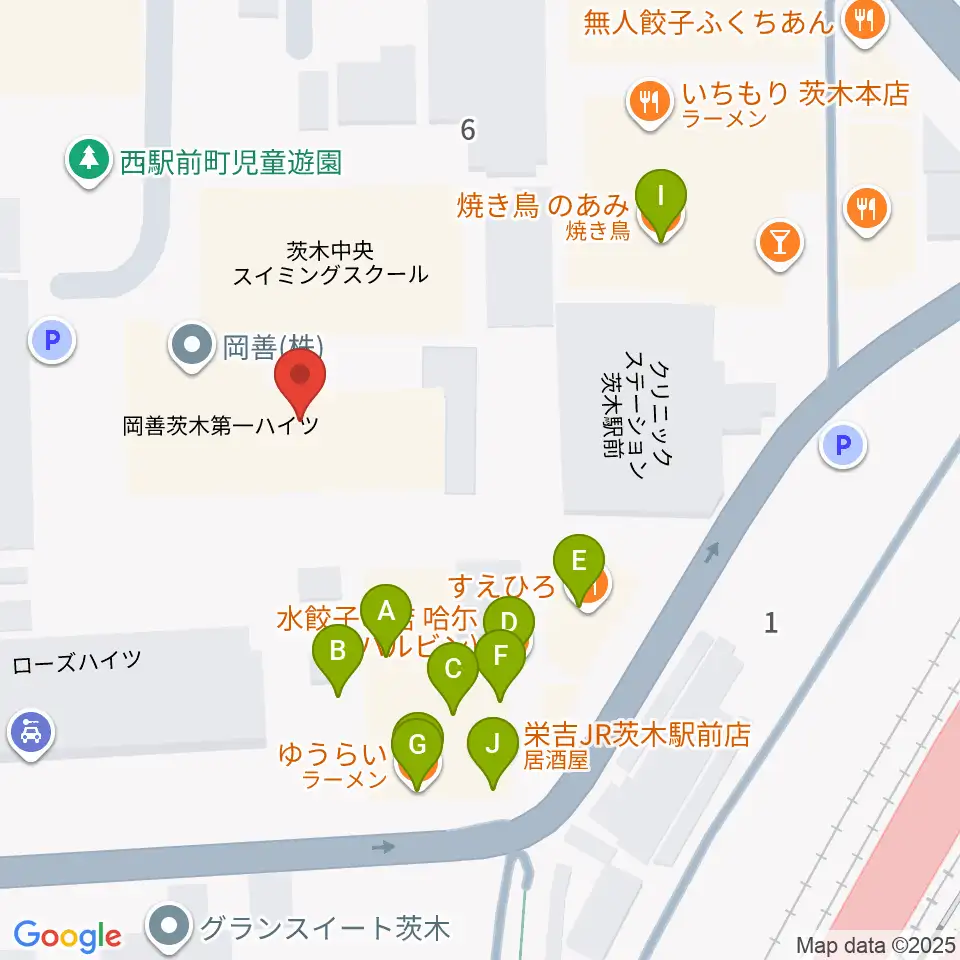 茨木センター ヤマハミュージック周辺のファミレス・ファーストフード一覧地図