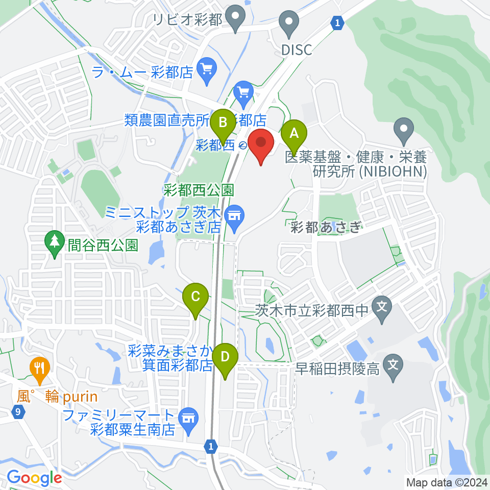 ヤマハミュージックセンター彩都 ヤマハミュージック周辺のファミレス・ファーストフード一覧地図