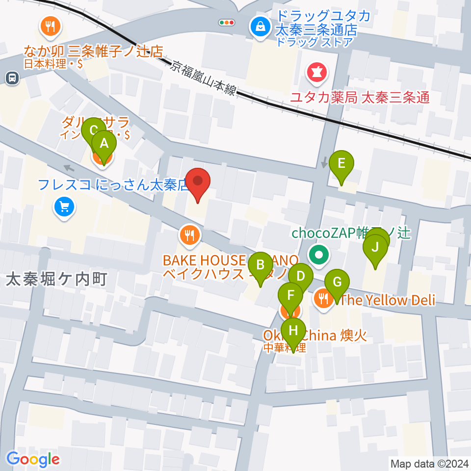 京都市右京区のひまわり音楽教室周辺のファミレス・ファーストフード一覧地図