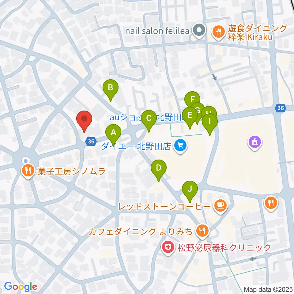 北野田センター ヤマハミュージック周辺のファミレス・ファーストフード一覧地図