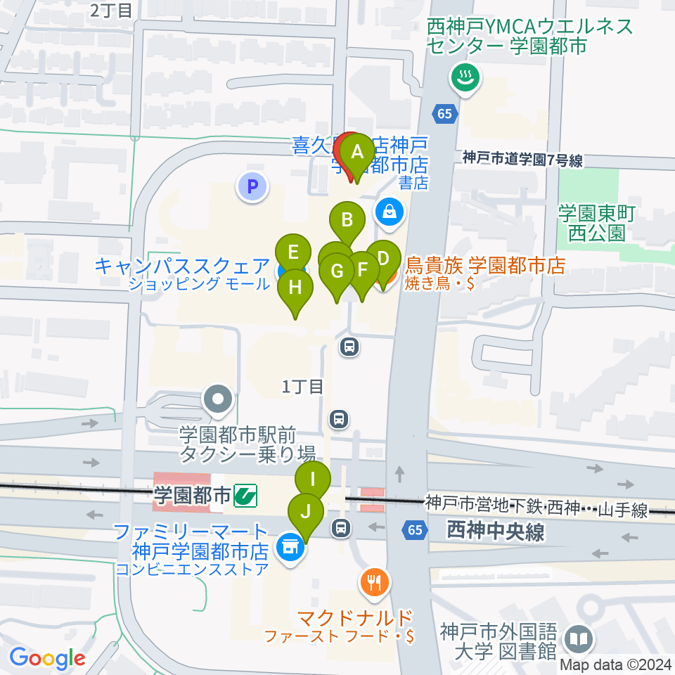 学園都市センター ヤマハミュージック周辺のファミレス・ファーストフード一覧地図