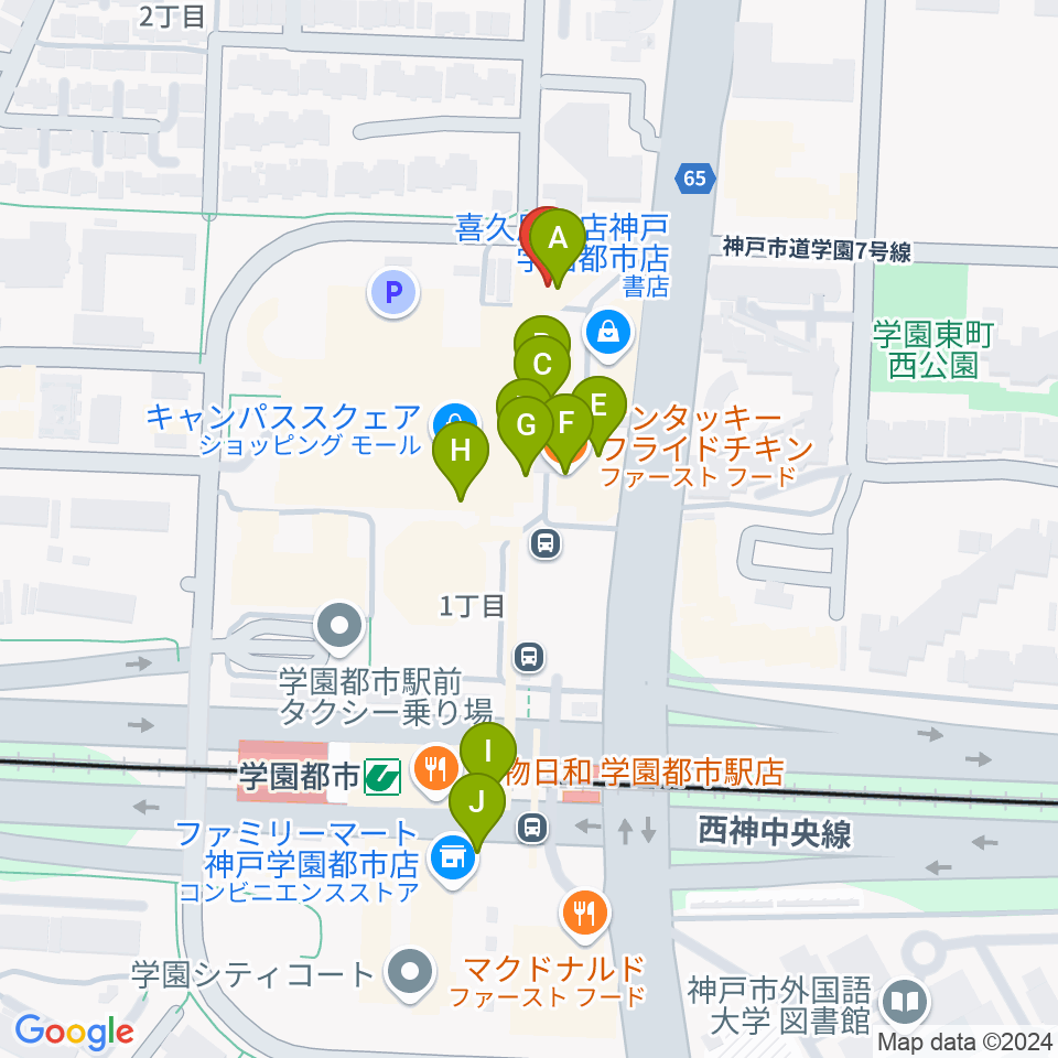 学園都市センター ヤマハミュージック周辺のファミレス・ファーストフード一覧地図