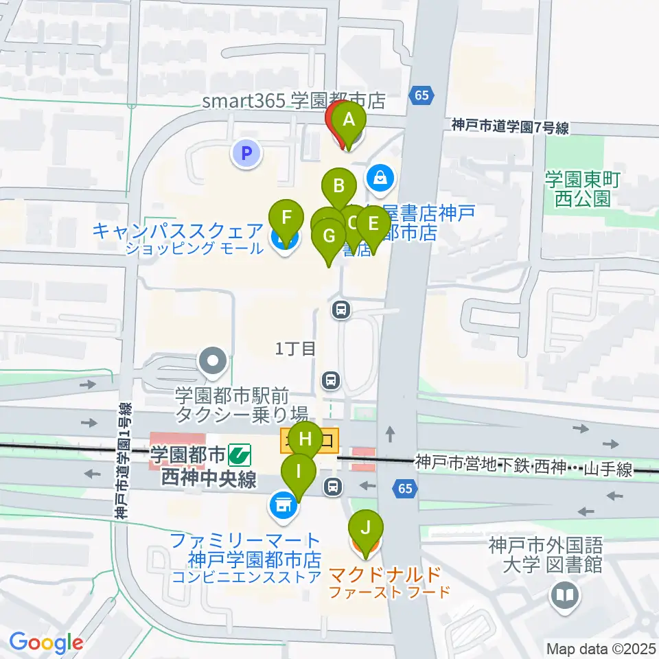 学園都市センター ヤマハミュージック周辺のファミレス・ファーストフード一覧地図