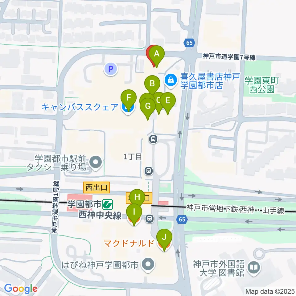 学園都市センター ヤマハミュージック周辺のファミレス・ファーストフード一覧地図