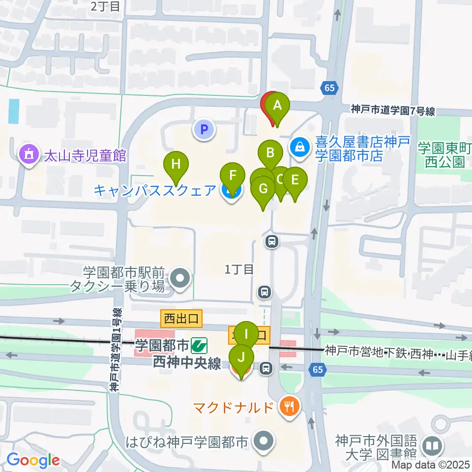 学園都市センター ヤマハミュージック周辺のファミレス・ファーストフード一覧地図