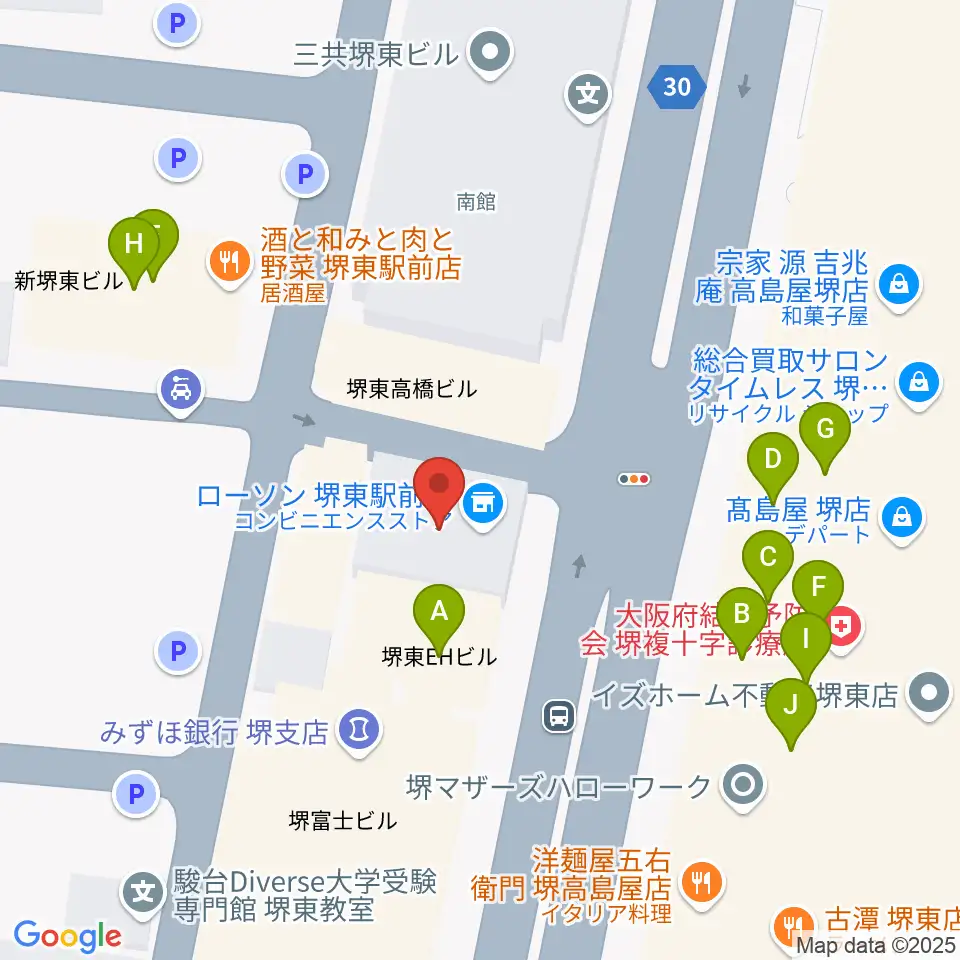ヤマハミュージック 堺店周辺のファミレス・ファーストフード一覧地図