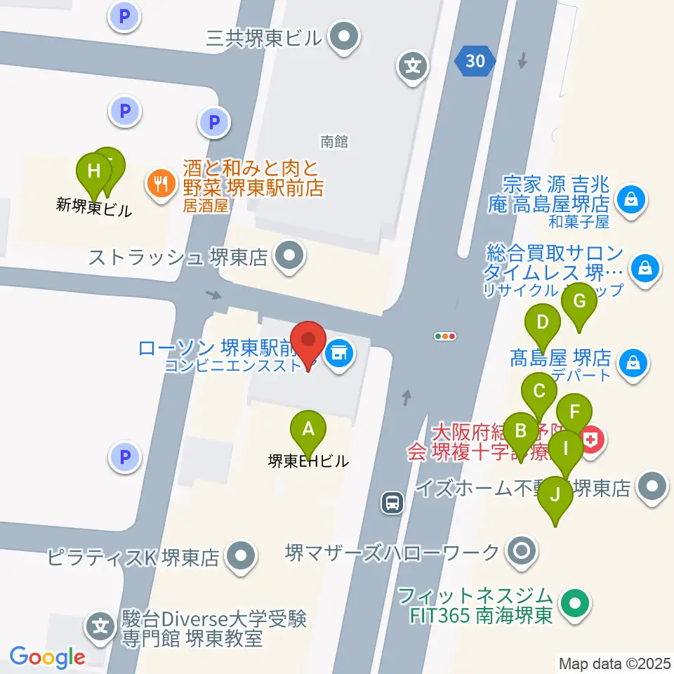 ヤマハミュージック 堺店周辺のファミレス・ファーストフード一覧地図