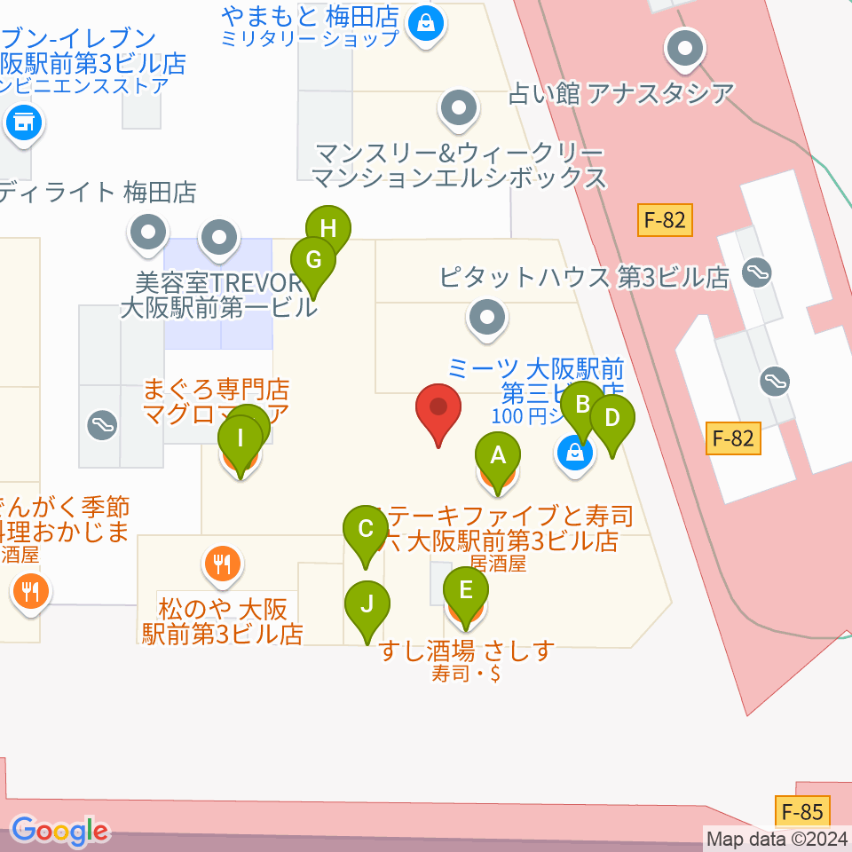 カワイ梅田周辺のファミレス・ファーストフード一覧地図