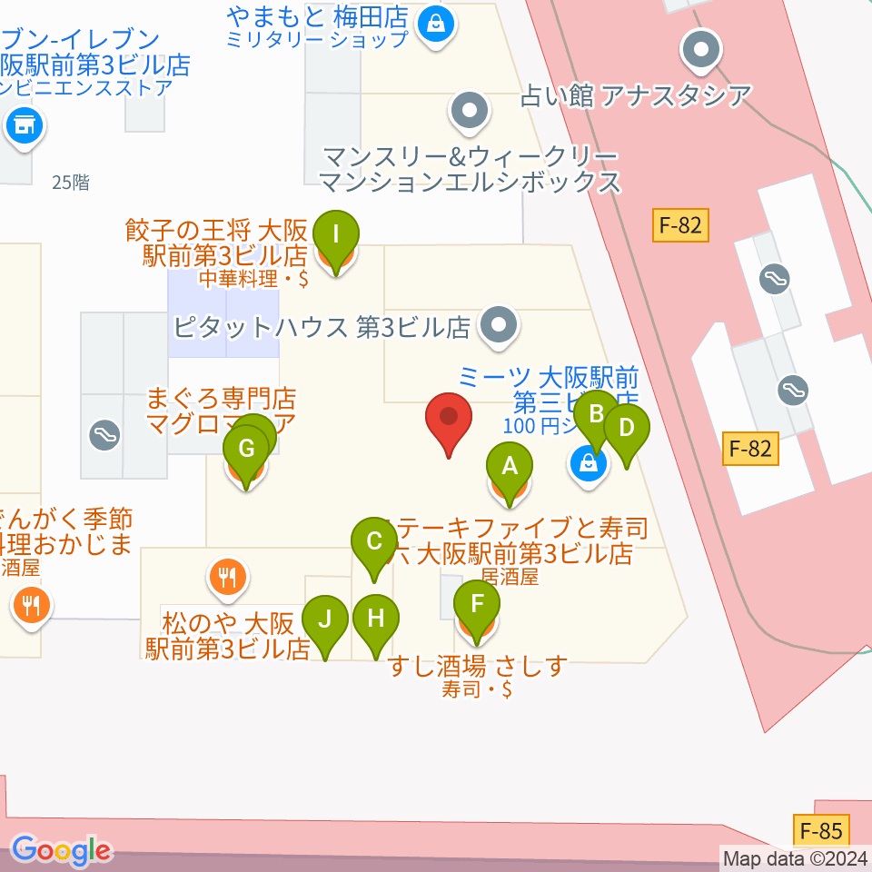 カワイ梅田周辺のファミレス・ファーストフード一覧地図