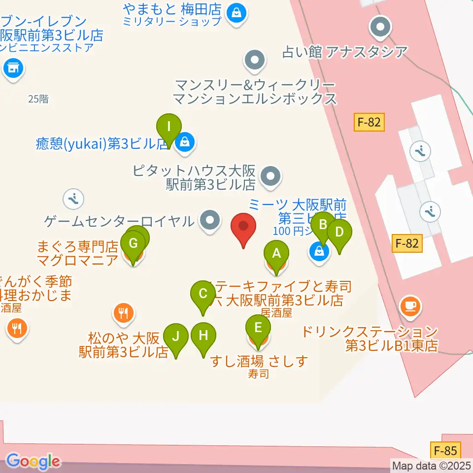 カワイ梅田周辺のファミレス・ファーストフード一覧地図