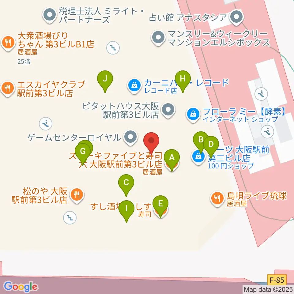 カワイ梅田周辺のファミレス・ファーストフード一覧地図