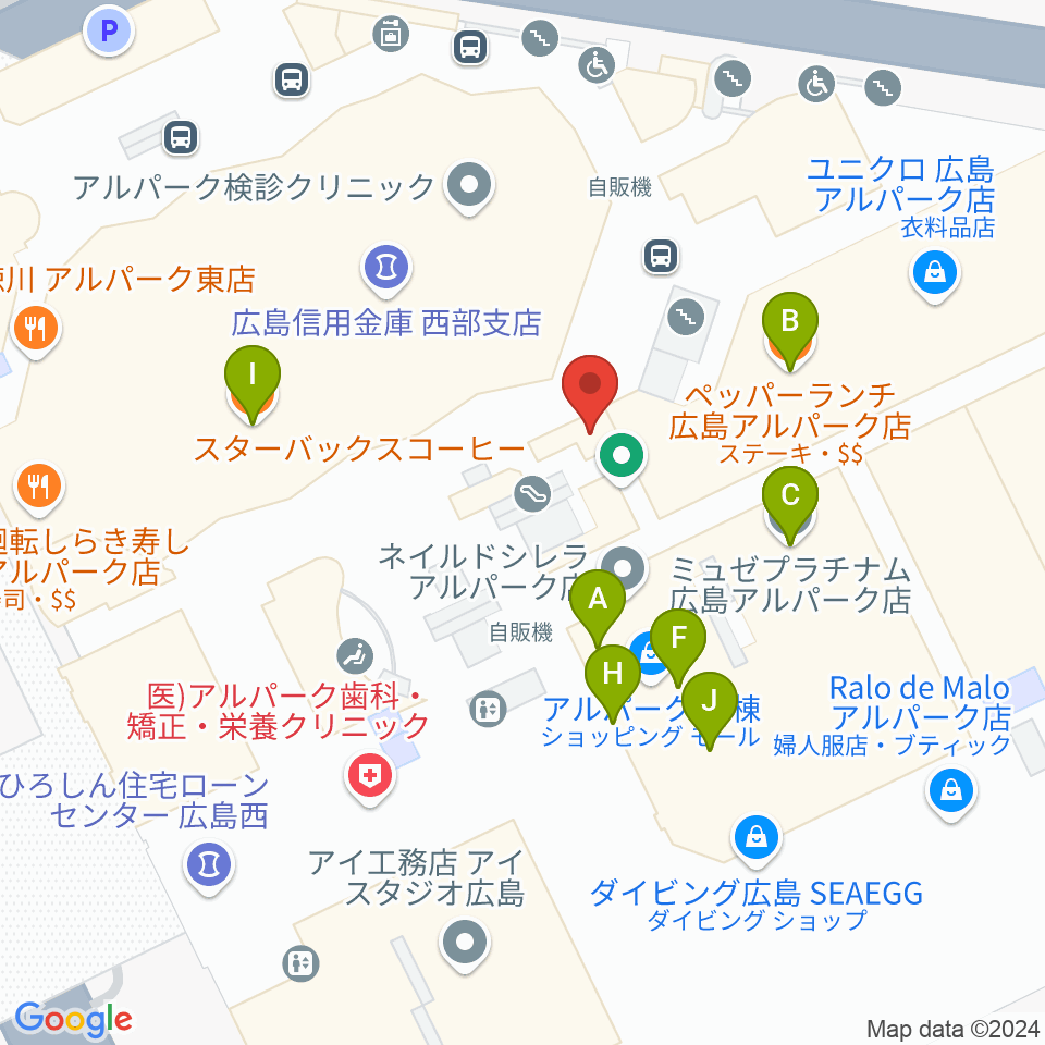 アルパークセンター ヤマハミュージック周辺のファミレス・ファーストフード一覧地図