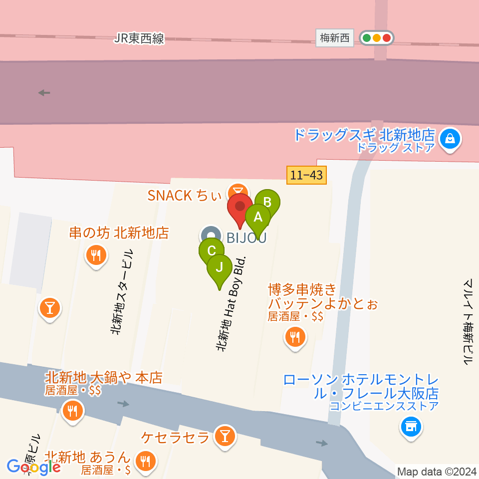 凛ミュージック 北新地音楽サロン周辺のファミレス・ファーストフード一覧地図