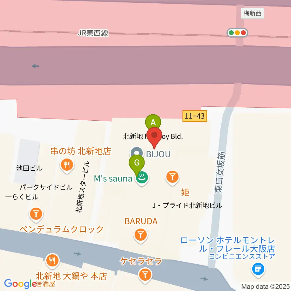 凛ミュージック 北新地音楽サロン周辺のファミレス・ファーストフード一覧地図