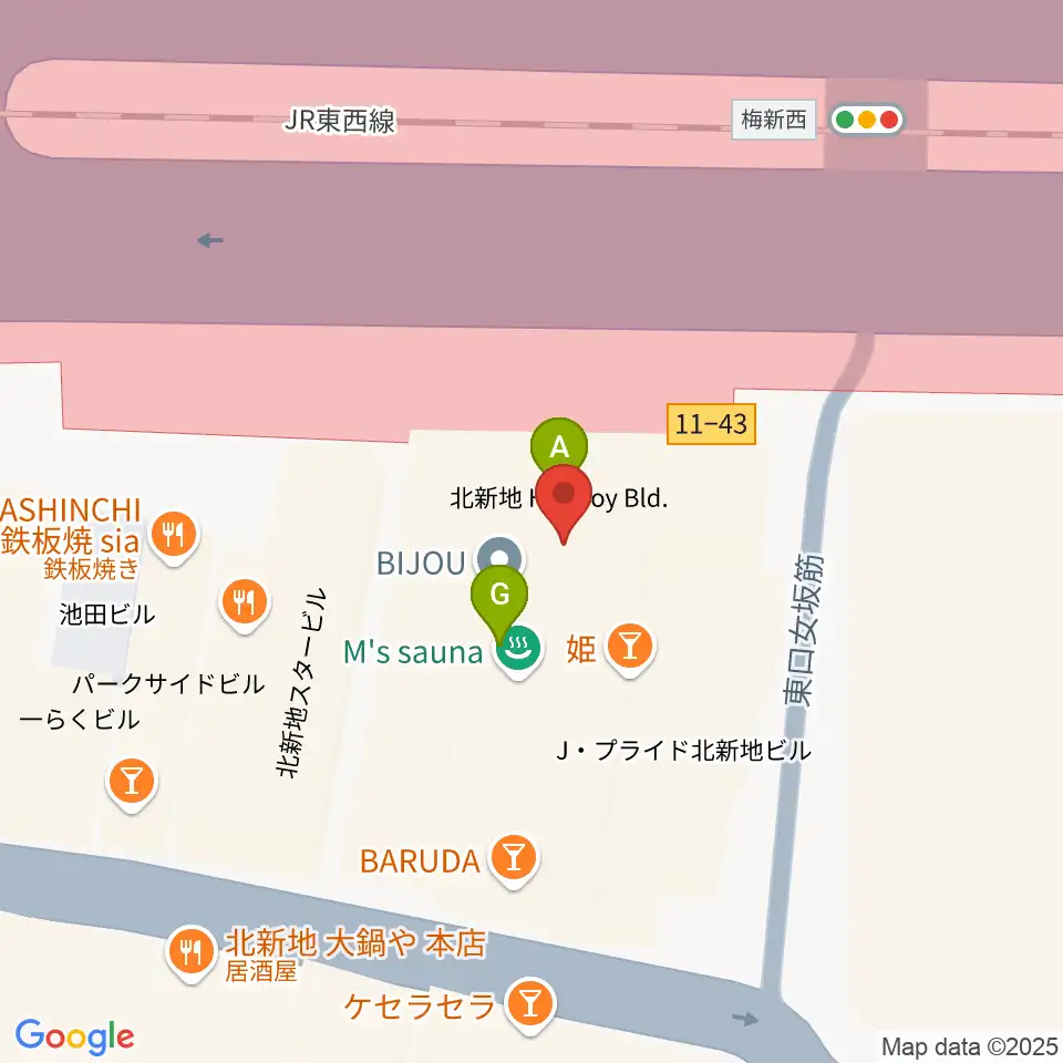 凛ミュージック 北新地音楽サロン周辺のファミレス・ファーストフード一覧地図