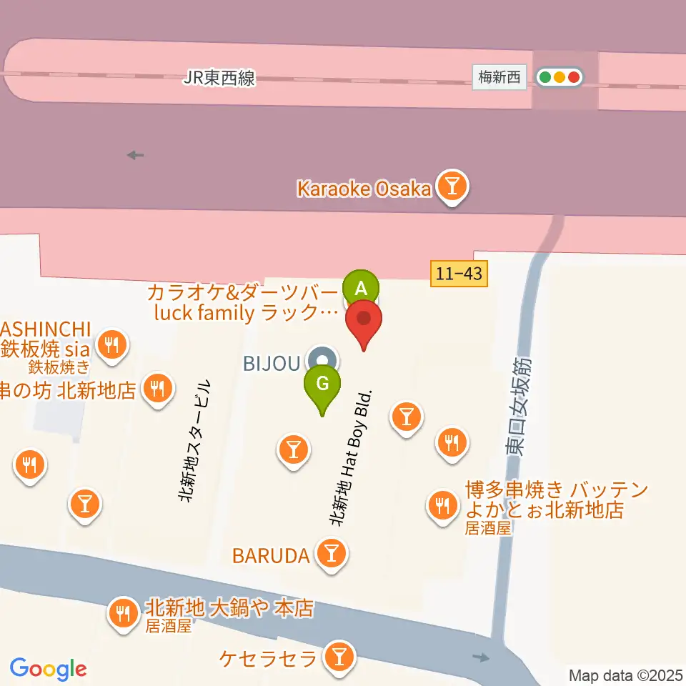 凛ミュージック 北新地音楽サロン周辺のファミレス・ファーストフード一覧地図
