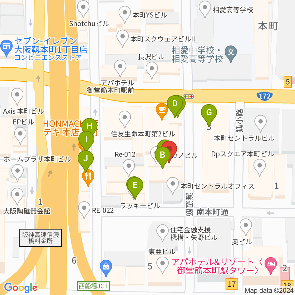 凛ミュージック 本町ピアノサロン周辺のファミレス・ファーストフード一覧地図