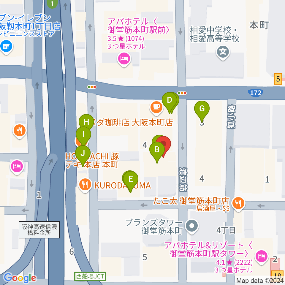 凛ミュージック 本町ピアノサロン周辺のファミレス・ファーストフード一覧地図