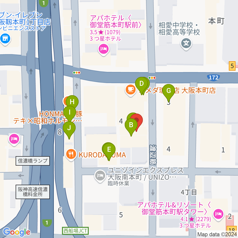 凛ミュージック 本町ピアノサロン周辺のファミレス・ファーストフード一覧地図