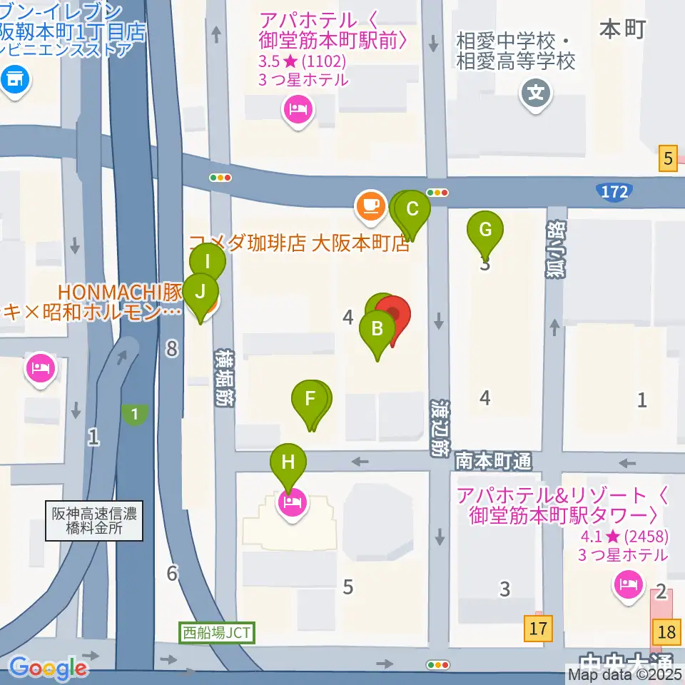凛ミュージック 本町ピアノサロン周辺のファミレス・ファーストフード一覧地図