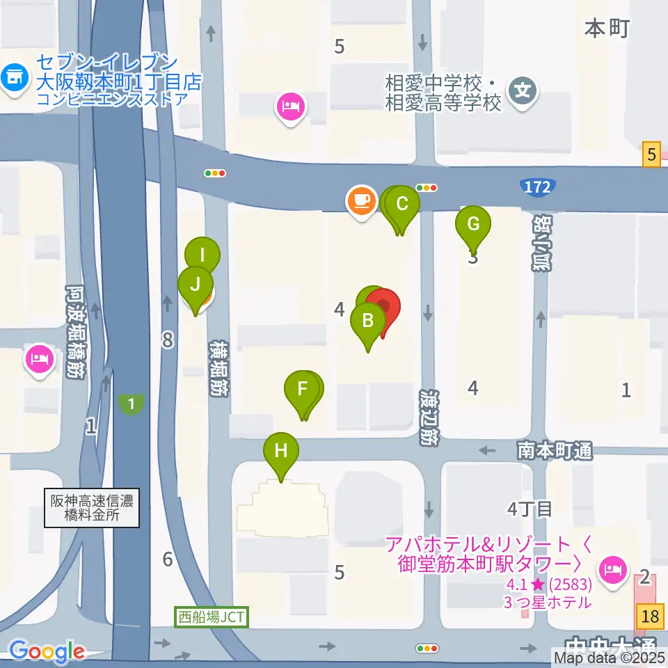 凛ミュージック 本町ピアノサロン周辺のファミレス・ファーストフード一覧地図