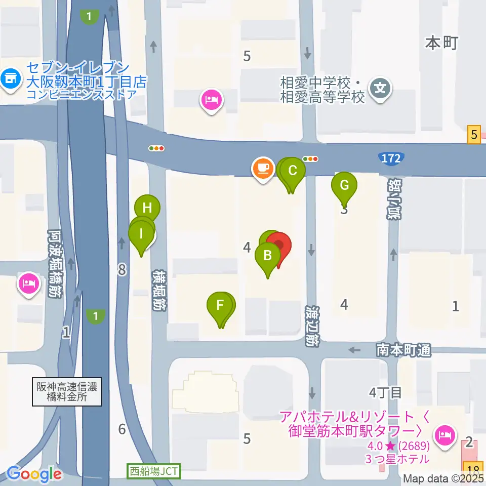凛ミュージック 本町ピアノサロン周辺のファミレス・ファーストフード一覧地図