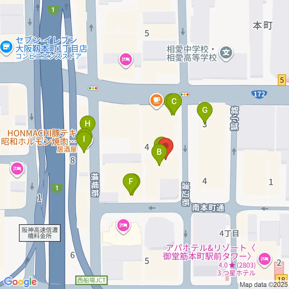 凛ミュージック 本町ピアノサロン周辺のファミレス・ファーストフード一覧地図