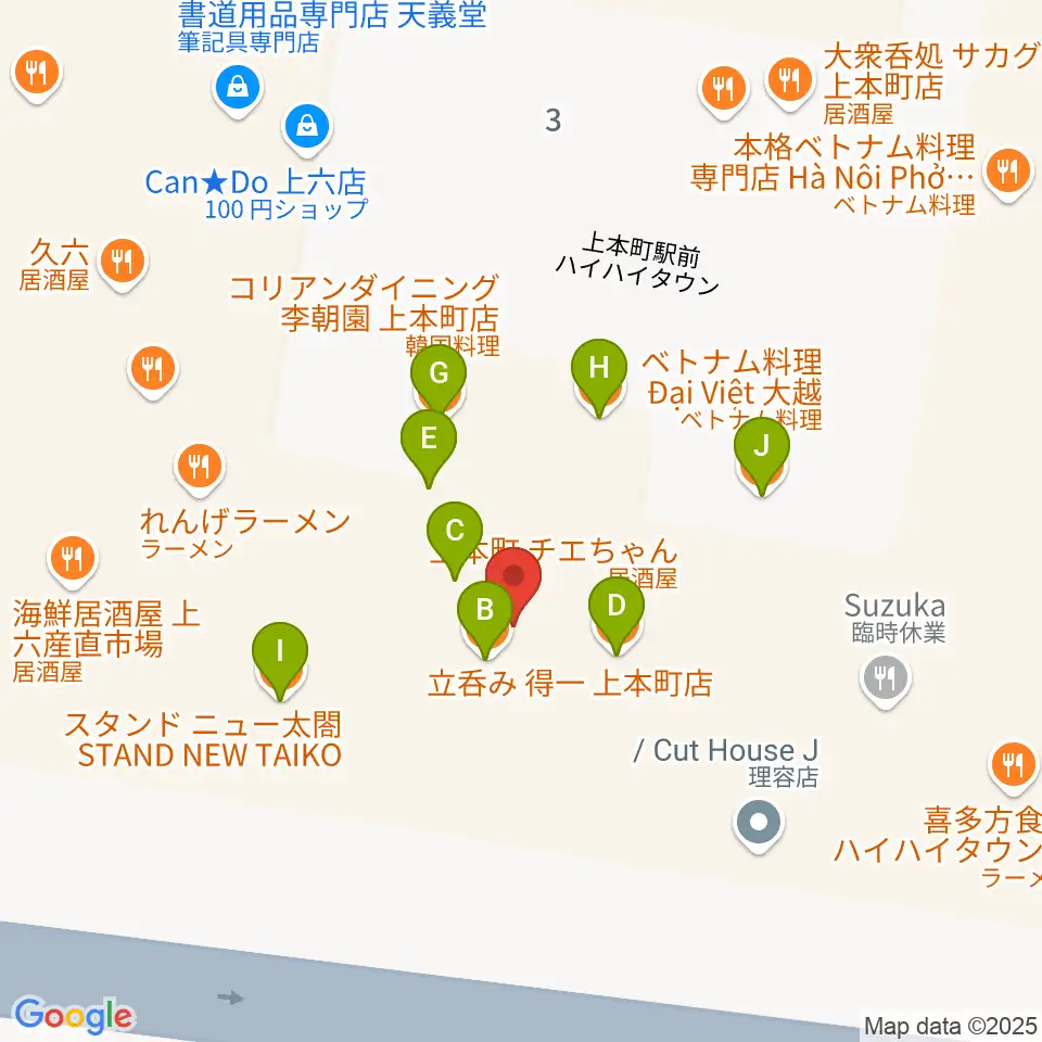 凛ミュージック 上本町ハイハイタウン教室周辺のファミレス・ファーストフード一覧地図