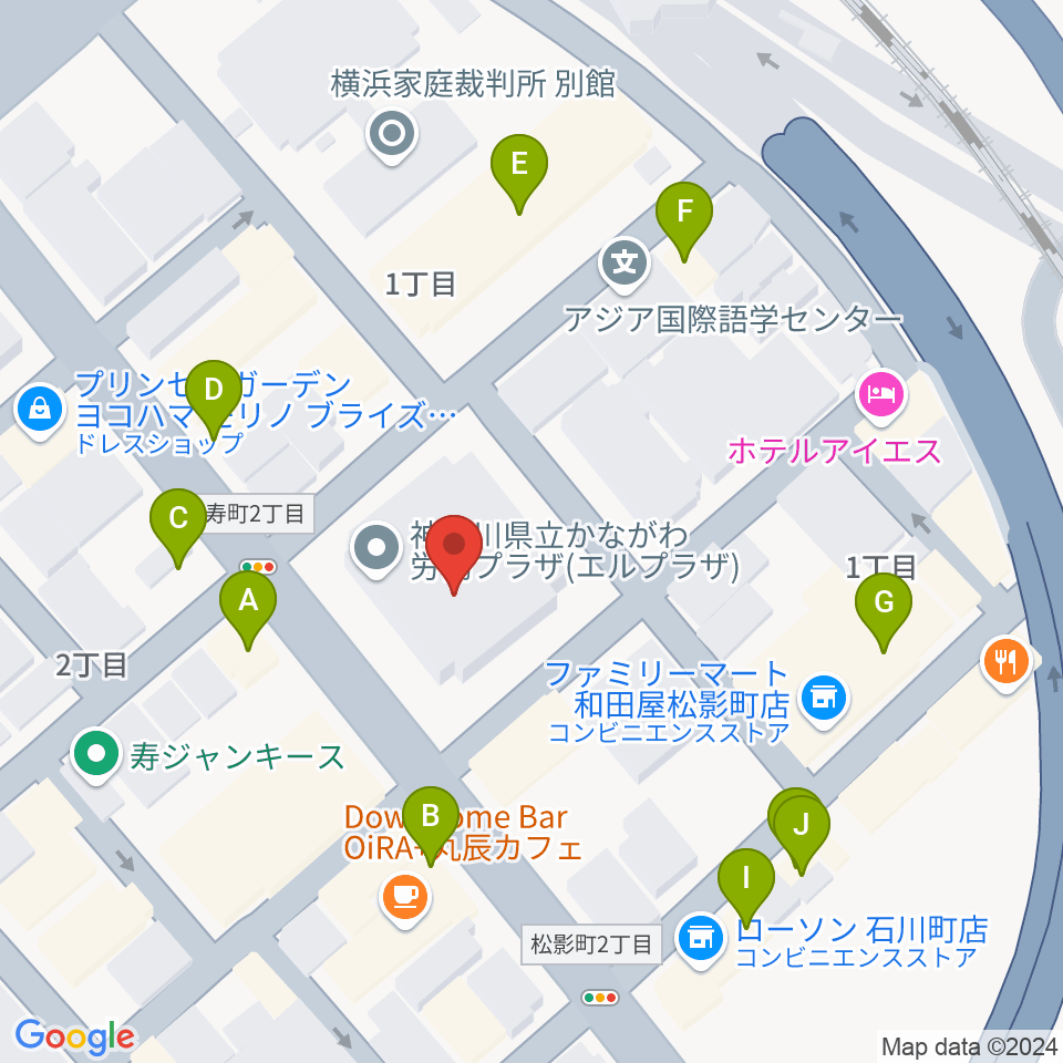 かながわ労働プラザ 音楽スタジオ周辺のファミレス・ファーストフード一覧地図