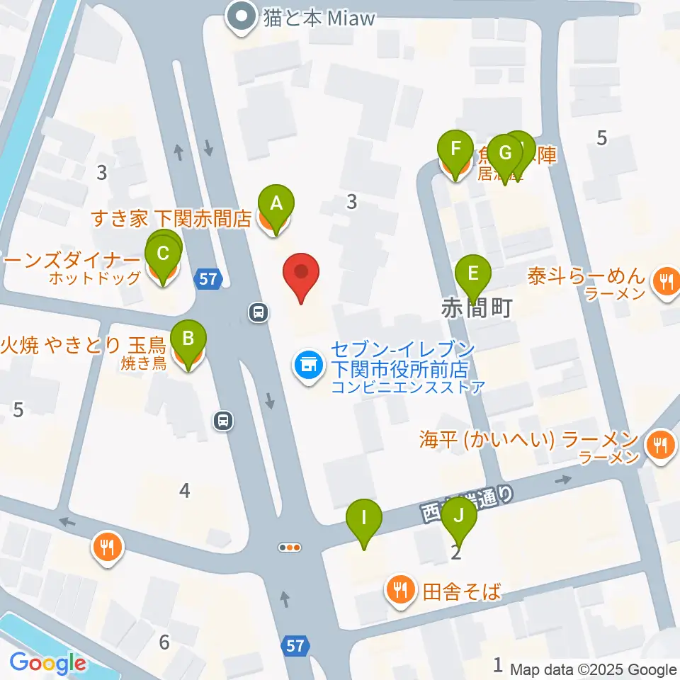 下関十字堂楽器店本店周辺のファミレス・ファーストフード一覧地図