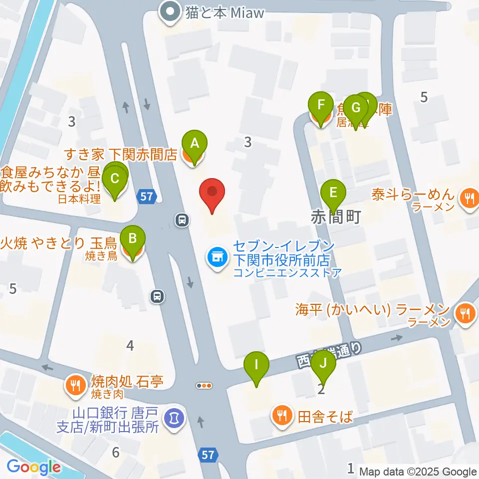 下関十字堂楽器店本店周辺のファミレス・ファーストフード一覧地図