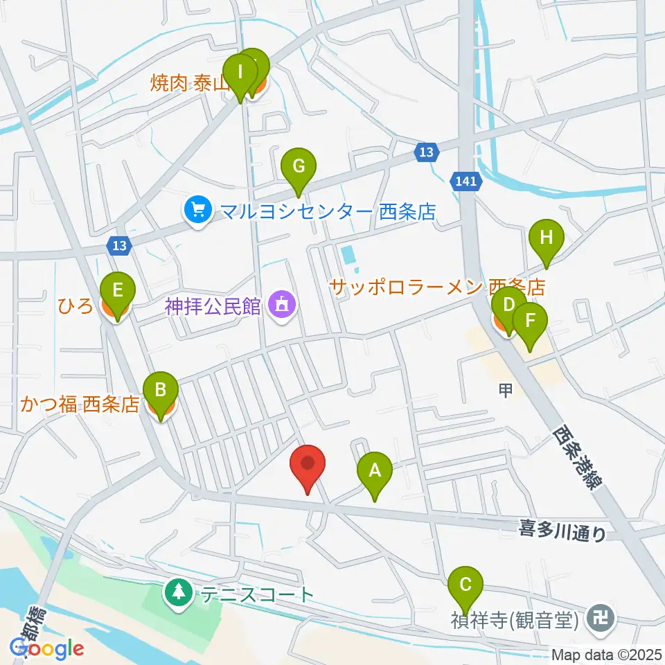 西条センター ヤマハミュージック周辺のファミレス・ファーストフード一覧地図
