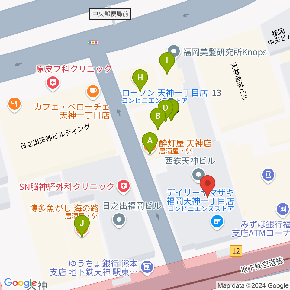 天神センター ヤマハミュージック周辺のファミレス・ファーストフード一覧地図