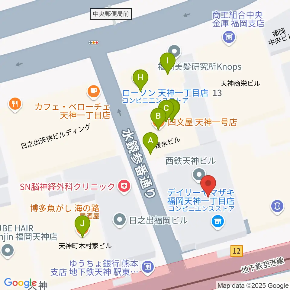 天神センター ヤマハミュージック周辺のファミレス・ファーストフード一覧地図