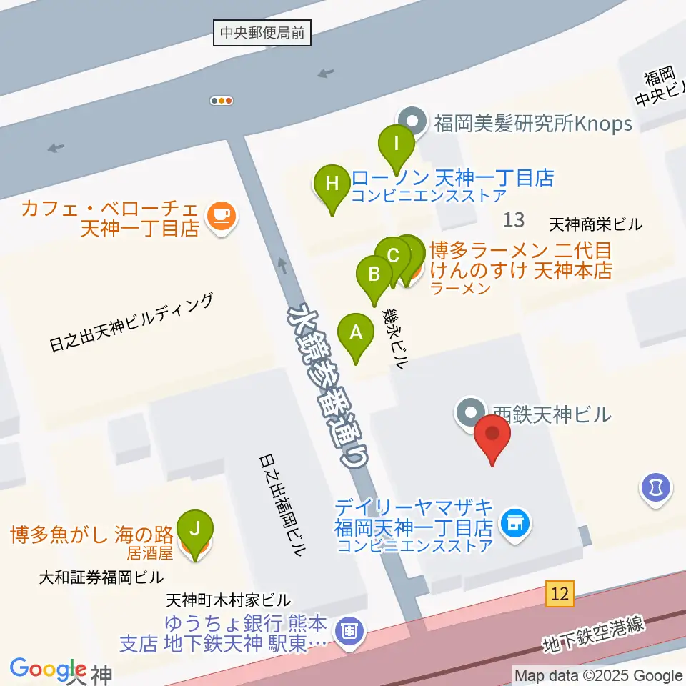 天神センター ヤマハミュージック周辺のファミレス・ファーストフード一覧地図