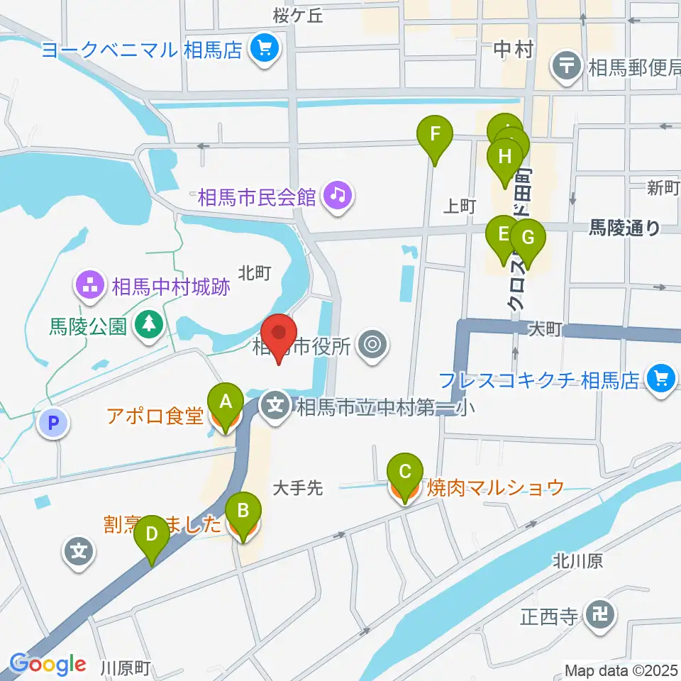 オアシス音楽センター（相馬センター）周辺のファミレス・ファーストフード一覧地図