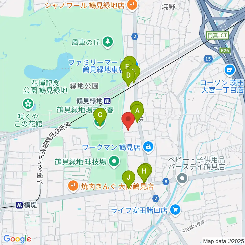 鶴見緑地NADGE STUDIO周辺のファミレス・ファーストフード一覧地図